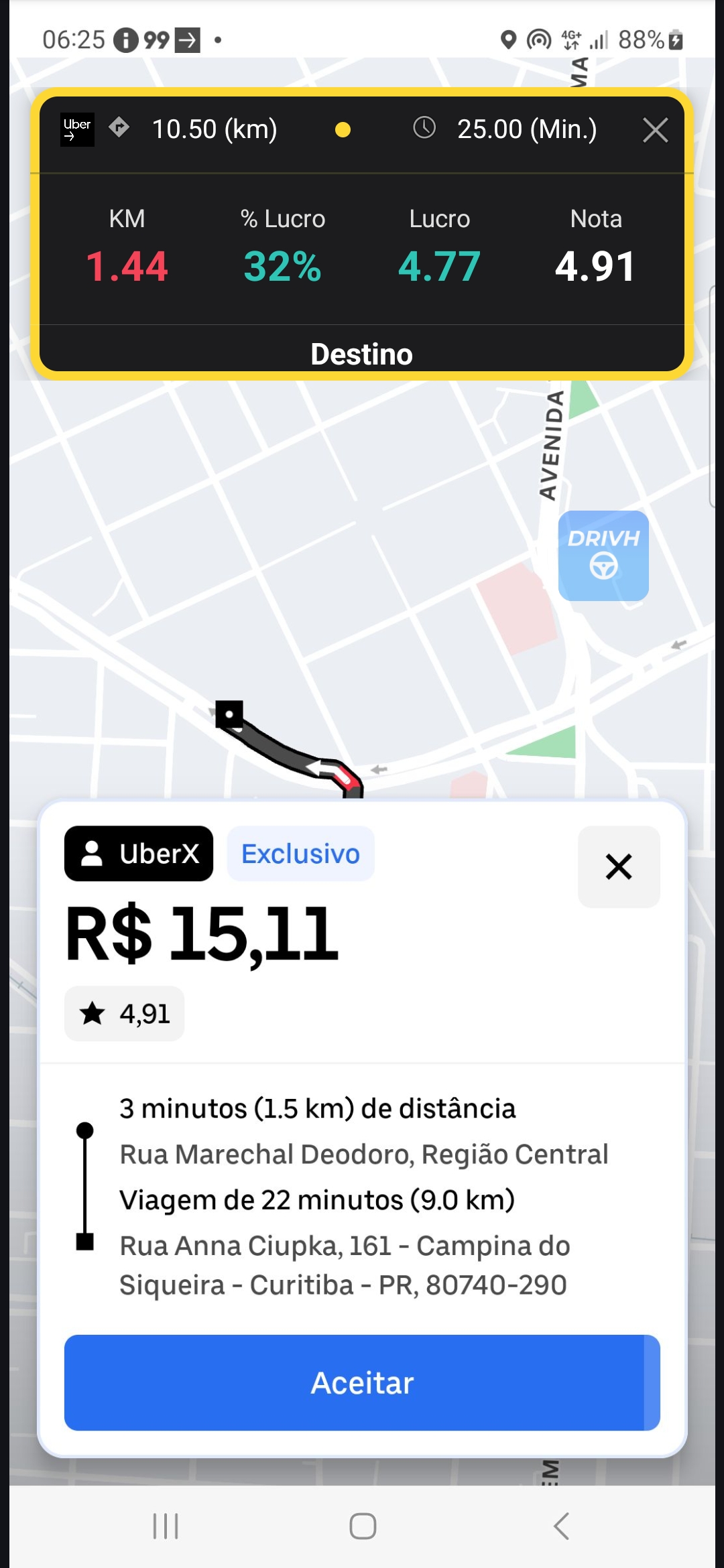 Captura real do Semáforo DRIVH analisando lucro, ganho por quilômetro e nota de uma corrida